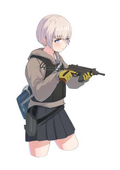 1girl absurdres bag blue_bag blue_eyes brown_hoodie bulletproof_vest closed_mouth commentary cropped_legs drawstring earrings english_commentary expressionless gloves grey_hair grey_skirt gun highres holding holding_gun holding_weapon holster hood hood_down hoodie jewelry magazine_(weapon) okapi_(yomaigoto) original pleated_skirt school_bag shirt short_hair simple_background skirt skorpion_vz._61 solo submachine_gun thighs trigger_discipline weapon white_background white_shirt