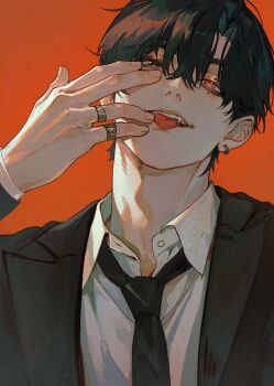 1boy 1o8k arm_up black_hair black_necktie collared_shirt fangs highres jacket jewelry lapels looking_at_viewer male_focus multiple_rings necktie open_clothes open_collar open_jacket orange_background original parted_hair red_eyes ring shirt short_hair solo suit_jacket teeth tongue tongue_out upper_body white_shirt wing_collar