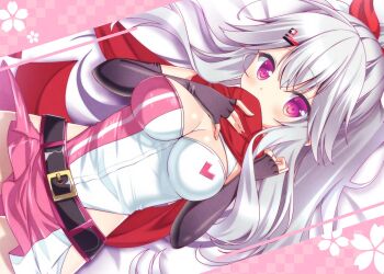 1girl \||/ bare_shoulders belt black_belt black_gloves blush breasts cleavage cleavage_cutout clothing_cutout commentary_request covered_mouth cowboy_shot cowlick dutch_angle elbow_gloves fingerless_gloves gloves grey_hair hair_between_eyes hair_ribbon hair_spread_out hanasaki_work_spring hands_up highleg highleg_leotard highres large_breasts leotard long_hair looking_at_viewer lying miniskirt multicolored_leotard official_alternate_costume on_back pink_eyes pink_leotard pink_skirt pleated_skirt ponytail race_queen red_ribbon red_scarf ribbon scarf shiranui_inori sidelocks skirt solo sukonbu385 two-tone_leotard two-tone_skirt very_long_hair watermark white_leotard white_skirt