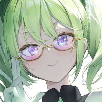 Rule 34 | 1girl, adjusting eyewear, choppy bangs, closed mouth, clrawing, commentary request, glasses, gloves, green hair, hand up, highres, korean commentary, looking at viewer, multicolored eyes, multicolored hair, portrait, purple eyes, semi-rimless eyewear, short hair, simple background, smile, solo, stellive, streaked hair, two-tone eyes, virtual youtuber, white background, white gloves, yellow-framed eyewear, yuzuha riko