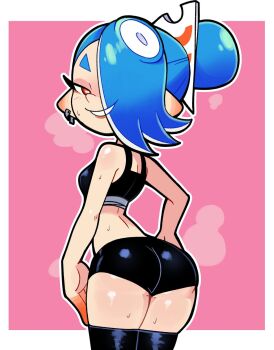 1girl ass blue_hair chest_sarashi cowboy_shot ear_piercing from_behind grin hair_over_one_eye looking_at_viewer looking_back nintendo piercing pink_background red_eyes sarashi scott_falco shiver_(splatoon) shiver_(splatoon_raiders) shorts smile solo splatoon_(series) splatoon_raiders steam sweat tank_top tentacle_hair thighhighs
