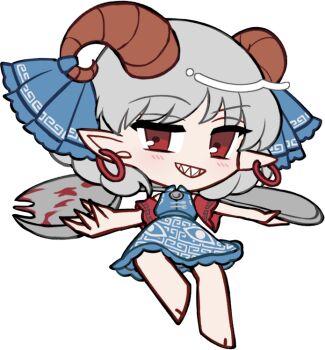 1girl bare_shoulders barefoot blood blue_dress blue_ribbon blush brown_horns chibi chibi_only detached_sleeves dress earrings full_body grey_hair grin holding holding_spork horn_ornament horn_ribbon horns jewelry looking_at_viewer mirei_(miirei) oversized_object pointy_ears red_eyes red_sleeves ribbon sharp_teeth sheep_horns short_hair short_sleeves simple_background sleeveless sleeveless_dress smile solo spork standing teeth touhou toutetsu_yuuma transparent_background