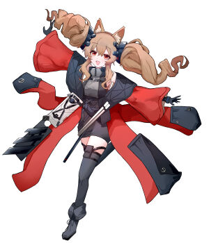 1girl :d absurdres angelina_(arknights) animal_ear_fluff animal_ears arknights arknights:_endfield belt black_boots black_gloves black_thighhighs boots breasts brown_hair chinese_commentary coat commentary_request dot_nose dress floating_hair fold-over_boots fox_ears fox_girl full_body gilberta_(arknights) glint gloves grey_dress gu_siyang_bai_niao hair_between_eyes headgear high_belt high_collar highres impossible_clothes impossible_dress infection_monitor_(arknights) leg_up long_hair long_sleeves looking_at_viewer medium_breasts off_shoulder open_mouth orange_eyes outstretched_arms pouch red_coat short_dress simple_background sleeveless sleeveless_dress smile solo thigh_pouch thighhighs twintails white_background zettai_ryouiki