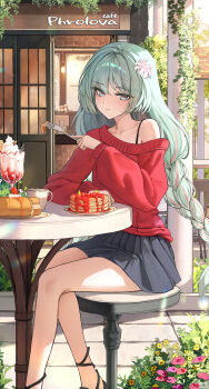 1girl absurdres alternate_costume bare_legs braid breasts bubble99 cake character_name closed_mouth collarbone commentary_request cup eating flower food fork grey_eyes grey_hair grey_skirt hair_flower hair_ornament highres holding holding_fork ice_cream korean_commentary legs long_hair long_sleeves looking_at_viewer low-braided_long_hair low-tied_long_hair medium_breasts multicolored_hair pancake pancake_stack phrolova_(wuthering_waves) red_pupils red_sweater single_bare_shoulder single_off_shoulder sitting skirt smile solo spider_lily streaked_hair sundae sweater swiss_roll twin_braids white_flower white_spider_lily wuthering_waves