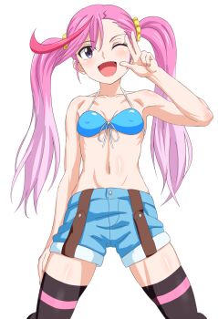 1girl ;d bikini breasts collarbone digimon digimon_universe:_appli_monsters female_focus karan_eri one_eye_closed open_mouth pink_hair purple_eyes sincos small_breasts smile solo standing swimsuit twintails v wink