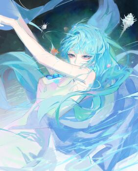 +\l.l./+_(path_to_nowhere) 1girl absurdres beads blue_hair breasts commentary conch covered_mouth dress highres long_hair looking_at_viewer luori_dianxin medium_breasts path_to_nowhere pink_eyes solo symbol-only_commentary very_long_hair water white_dress