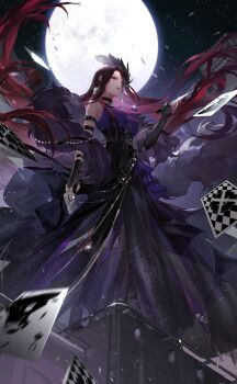 1girl ace_(playing_card) ace_of_spades arm_belt artist_request belt belt_buckle belt_collar between_breasts black_belt black_boots black_corset black_gloves black_mask black_shawl black_skirt boots breasts brown_hair buckle card card_between_breasts city clenched_hand collar colored_inner_hair corset covered_erect_nipples feather_hair_ornament feathers fingernails floating_cape floating_card floating_clothes floating_hair frilled_skirt frills from_behind full_body full_moon fur_shawl game_cg gloves hair_ornament half_mask happy high_belt highres holding holding_card holding_knife jewelry knife large_breasts light_particles lipstick long_skirt looking_at_viewer makeup mask moon moonlight_watcher_(shining_nikki) multicolored_hair multiple_belts necklace night night_sky nikki_(series) official_alternate_color official_art on_rooftop open_mouth outdoors playing_card pleated_skirt purple_shirt queen_(playing_card) queen_of_spades_(playing_card) red_eyes red_hair red_lips see-through_clothes see-through_skirt shawl shining_nikki shirt skirt sky sleeveless sleeveless_shirt smile solo sorika_(shining_nikki) spade_(shape) standing star_(sky) starry_sky teeth tight_clothes tight_shirt two-tone_hair