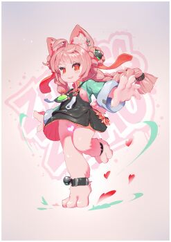 1girl absurdres ahoge animal_ear_fluff animal_ear_piercing animal_ears animal_feet animal_hands ankle_strap barefoot black_skirt bluesnail braid censored flat_chest full_body furry furry_female green_shirt hair_ornament heart heart_censor highres loli long_hair long_sleeves looking_at_viewer miniskirt nipples no_panties open_mouth pink_fur pink_hair pleated_skirt rabbit_ears rabbit_girl rabbit_tail red_eyes shirt skirt solo sphere_hair_ornament standing standing_on_one_leg tail thick_eyebrows twin_braids variant_set zenless_zone_zero zhao_(zenless_zone_zero)