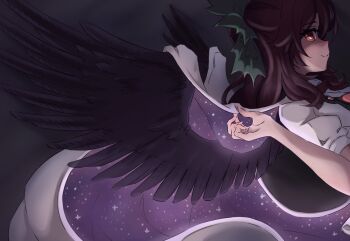 1girl alteredalias black_wings brown_hair commentary english_commentary from_side highres long_hair night night_sky puffy_short_sleeves puffy_sleeves red_eyes reiuji_utsuho short_sleeves sky solo star_(sky) starry_sky touhou wings