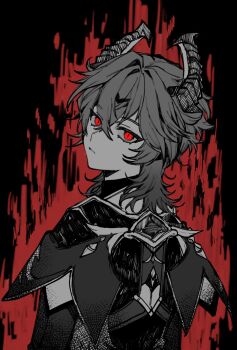 Rule 34 | black background, crossed bangs, dragon, dragon boy, dragon horns, durin (genshin impact), genshin impact, greyscale, highres, horns, kinich requiem, long sleeves, looking at viewer, looking back, messy hair, monochrome, red eyes