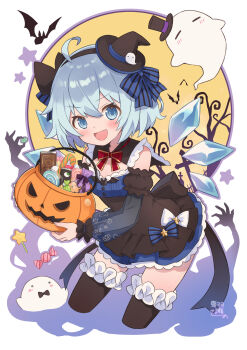 1girl ahase_hino ahoge alternate_costume back_bow basket bat_(animal) black_dress black_hairband black_hat black_thighhighs blue_bow blue_dress blue_eyes blue_hair blush bow bowtie candy candy_cane cirno commentary_request detached_sleeves detached_wings dress food ghost hair_bow hairband halloween halloween_costume hat highres ice ice_wings jack-o&#039;-lantern leaning_forward lollipop looking_at_viewer mini_hat open_mouth red_bow red_bowtie see-through_clothes see-through_sleeves smile solo star_(symbol) thighhighs top_hat touhou wings witch_hat