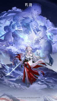 1girl bare_shoulders baseball_bat bow_(weapon) breasts cleavage copyright_logo full_body hair_intakes hair_ribbon hakama hakama_skirt high_ponytail highres hiyuki_(wuthering_waves) holding holding_baseball_bat holding_bow_(weapon) holding_sword holding_weapon japanese_clothes jewelry katana logo long_hair long_sleeves medium_breasts necklace official_art ponytail red_eyes red_hakama red_ribbon ribbon sandals sidelocks skirt snow solo sword tree very_long_hair weapon white_hair wuthering_waves