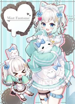 Rule 34 | 2girls, :d, absurdres, ahoge, animal ears, apron, belt, blue bow, blue choker, blue eyes, blush, bow, cat ears, character name, chibi, choker, commentary, cowboy shot, detached sleeves, dress, english commentary, fake animal ears, green background, green hair, green sleeves, hair bow, heart, heart o-ring, highres, holding, indie virtual youtuber, long sleeves, looking at viewer, maid headdress, mint fantome, mint fantome (minto 2.0), multiple girls, mutumumu, o-ring, o-ring choker, open mouth, short dress, short hair, smile, standing, thigh belt, thigh strap, triangular headpiece, very long sleeves, virtual youtuber, waist apron, white hair