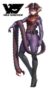 1girl arthropod_girl arthropod_tail belt black_belt black_boots bodysuit boots centipede_girl centipede_tail commentary eidenjyou1997 emblem english_commentary evil_grin evil_smile full_body genderswap genderswap_(mtf) gradient_hair grin high_heel_boots high_heels highres kamen_rider looking_at_viewer medium_hair monster_girl mukadenjin multicolored_hair neo_kamen_rider parted_lips purple_bodysuit purple_hair red_hair shocker_(kamen_rider) simple_background smile solo standing tail teeth thigh_boots white_background