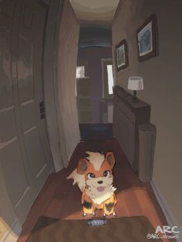 arc_draws artist_name bright_pupils claws closed_mouth commentary door doormat gen_1_pokemon growlithe hallway highres indoors lamp looking_at_viewer nintendo no_humans pokemon pokemon_(creature) pokemon_focus smile solo tongue tongue_out twitter_username white_pupils