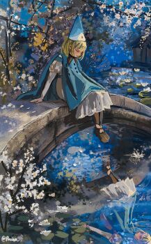 1girl aqua_cloak aqua_hat black_shoes black_thighhighs blonde_hair cloak closed_eyes closed_mouth coco_(tongari_boushi_no_atelier) commentary conical_hat english_commentary flower full_body hat hat_tassel lily_pad long_sleeves nature outdoors reflection reflective_liquid robe shinsan20109 shoes sitting solo thighhighs tongari_boushi_no_atelier tree water white_flower white_robe