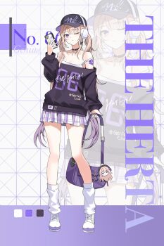 Rule 34 | 1girl, alternate costume, bag, baggy clothes, baseball cap, brown hair, character charm, charm (object), english text, flower tattoo, full body, gradient background, hair ornament, hashtag-only commentary, hat, headphones, herta (honkai: star rail), highres, holding, holding bag, holding phone, honkai: star rail, honkai (series), low twintails, off-shoulder shirt, off shoulder, one eye closed, phone, purple eyes, pyeonhwa 07, shirt, shoes, skirt, tank top, tattoo, the herta (honkai: star rail), twintails, white tank top, x hair ornament