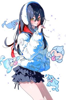 1girl 5oh5s2 absurdres alternate_costume black_hair black_skirt blush carmine_(pokemon) colored_inner_hair commentary crossed_bangs eyelashes gen_1_pokemon hair_between_eyes hairband highres jacket long_hair long_sleeves multicolored_hair nintendo pokemon pokemon_(creature) pokemon_sv puffy_sleeves red_hair seel skirt smile symbol-only_commentary two-tone_hair white_background white_hairband yellow_eyes