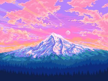 Rule 34 | artist name, cloud, cloudy sky, michspich, moon, mountain, no humans, original, outdoors, pink sky, pixel art, scenery, sky, tree