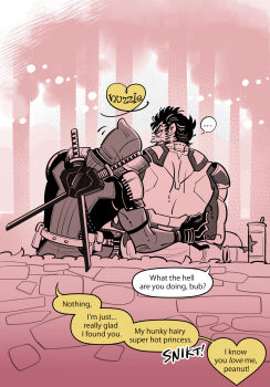 2boys back beard bodysuit can commentary_request deadpool deadpool_&amp;_wolverine deadpool_(series) english_text facial_hair gloves head_tilt highres katana leaning_on_person looking_at_another male_focus marvel multicolored_bodysuit multiple_boys muscular muscular_male nuzzle om85549 short_hair sitting speech_bubble superhero_costume sword sword_on_back two-tone_bodysuit weapon weapon_on_back wolverine_(x-men) x-men yaoi