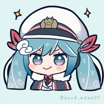 1girl black_jacket black_necktie blue_background blue_eyes blue_hair blush_stickers chibi chibi_only closed_eyes closed_mouth collared_shirt commentary_request cropped_torso double-parted_bangs hair_ribbon hat hatsune_miku jacket long_hair moca_mame39 necktie open_clothes open_jacket red_ribbon red_shirt ribbon shirt simple_background smile solo sparkle twintails twitter_username vocaloid white_hat yuki_miku yuki_miku_(2022)