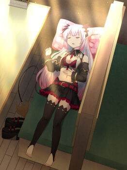 1girl bare_shoulders belt between_breasts black_shirt black_shoes black_skirt black_sleeves black_thighhighs black_vest booth_seating bra breasts cleavage closed_eyes commentary_request cone_hair_bun crop_top cropped_vest dappled_sunlight demon_girl demon_horns demon_tail detached_sleeves double_bun evening frilled_skirt frills front-tie_top full_body gradient_hair grey_hair hair_bun hand_on_own_stomach haniwa_(leaf_garden) headgear highres horns lace_shirtdetached_collar light_particles long_hair long_sleeves medium_breasts midriff miniskirt multicolored_hair nanashi_inc. navel necktie necktie_between_breasts no_shoes open_clothes open_vest panties panty_straps pink_hair pink_streaks pleated_skirt pointy_ears red_belt red_bra red_necktie red_panties restaurant revealing_clothes shirt shoes side_up_bun skirt sleeping sleeveless sleeveless_shirt solo stirrup_legwear sunlight sunset suou_patra suou_patra_(1st_costume) tail thighhighs tied_shirt toeless_legwear twilight underwear unworn_shoes very_long_hair vest virtual_youtuber