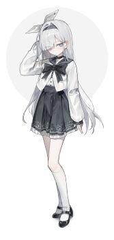 1girl absurdres alternate_costume arm_at_side black_choker black_hairband black_sailor_collar black_skirt blue_archive choker closed_mouth commentary expressionless full_body grey_background grey_hair hairband hand_up highres huu_(dighapdlxm12) kneehighs long_hair long_sleeves looking_at_viewer plana_(blue_archive) sailor_collar shirt simple_background skirt socks solo standing two-tone_background very_long_hair white_background white_shirt white_socks