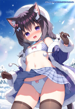 1girl animal_ear_fluff animal_ears black_hair blue_skirt blush bow bow_panties bra braid breasts cat_ears cat_girl cat_tail commentary_request fur_trim gloves hat loli mauve melonbooks navel original outdoors panties purple_eyes skirt small_breasts solo tail thighhighs twin_braids underwear white_panties