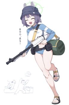 1boy 2girls :d animal_ears bag belt_pouch bikini bikini_bottom_only black_footwear blue_archive blue_bikini blue_hat blue_jacket bucket bucket_hat chibi chibi_inset commentary_request cropped_jacket dice doodle_sensei_(blue_archive) fake_animal_ears feet full_body green_bag green_halo gun halo hat highres holding holding_gun holding_weapon jacket lahti-saloranta_m/26 leg_up legs light_machine_gun machine_gun midriff miyako_(blue_archive) miyako_(swimsuit)_(blue_archive) multicolored_jacket multiple_girls navel official_alternate_costume open_mouth pouch projectorzero purple_hair rabbit_ears running saki_(blue_archive) saki_(swimsuit)_(blue_archive) sandals sensei_(blue_archive) short_hair shoulder_bag smile sports_sandals swimsuit toenails toes translation_request two-tone_jacket v-shaped_eyebrows weapon white_jacket