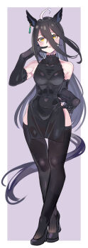 1girl absurdres animal_ears black_dress black_gloves black_hair black_shoes black_thighhighs breasts doushi_tatsu_to_dekkai_no dress elbow_gloves full_body gloves highres horse_ears horse_girl horse_tail long_hair long_sleeves looking_at_viewer manhattan_cafe_(umamusume) medium_breasts shoes solo standing tail thighhighs umamusume yellow_eyes