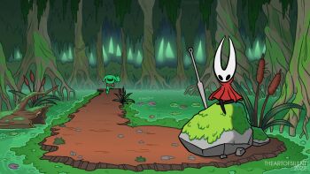1boy 1girl 2022 artist_name cape cattail colored_skin commentary crossover english_commentary forest full_body green_skin highres hollow_knight hornet_(hollow_knight) lily_pad log looking_at_viewer moss mr._frog_(smiling_friends) nature outdoors path plant planted planted_polearm polearm red_cape road rock running sitting smiling_friends solo_focus spear theartofsilent tree water weapon