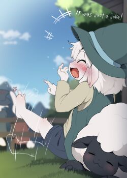 1boy animal_ears blush closed_eyes commentary dagasi english_text furry furry_male goat_boy goat_ears hat highres laughing short_hair solo_focus the_boy_who_cried_wolf white_fur white_hair