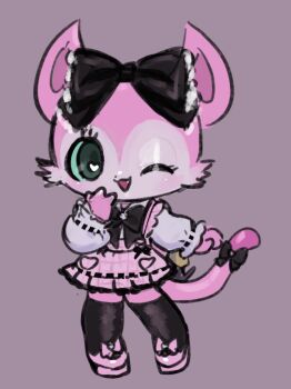 1girl :3 ;d alternate_costume animal_ears aqua_eyes beatcats black_bow black_bowtie black_thighhighs blouse bow bowtie cat_ears cat_girl cat_tail chibi chibi_only commentary fashion full_body furry furry_female hair_bow hand_up heart highres jirai_kei light_blush long_sleeves looking_at_viewer magicalmirurun mia_(beatcats) one_eye_closed open_mouth pink_fur pink_shoes pink_skirt sanrio shirt shoes skirt smile solo standing suspender_skirt suspenders tachi-e tail tail_bow tail_ornament thighhighs white_shirt zettai_ryouiki