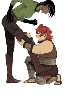 2girls adjusting_strap armor black_gloves blush boots dark-skinned_female dark_skin dungeon_meshi dwarf gloves highres kiki_floke kneeling leaning_forward looking_down multiple_girls namari_(dungeon_meshi) pelt pouch sandals sweatdrop table_(zhuo0715) thigh_pouch