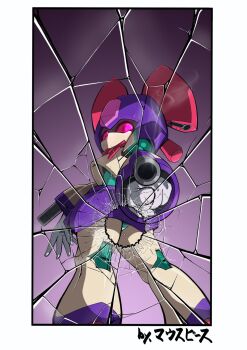 1girl aiming aiming_at_viewer arm_cannon artist_name ass ass_focus border brass_(medarot) broken_glass bullet_hole cowboy_shot from_behind glass gradient_background highres looking_at_viewer looking_back medarot mousepeace pink_eyes purple_hair robot_girl simple_background solo standing weapon white_border