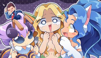 Rule 34 | 1boy, 3girls, animal ears, antennae, arthropod girl, blonde hair, blue hair, cat ears, cat girl, darkstalkers, demitri maximoff, drooling, felicia (darkstalkers), fork, genderswap, genderswap (mtf), hair censor, holding, holding fork, holding knife, katanagi1129, knife, long hair, mermaid, midnight bliss, monster girl, mouth drool, multiple girls, purple hair, q-bee, rikuo (darkstalkers), star (symbol), star in eye, sweat, symbol in eye, tears