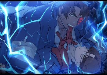 2boys absurdres aedd_(e.g.o) alternate_costume angry arthropod_limbs artificial_eye bags_under_eyes beard_stubble biting black-framed_eyewear black-framed_glasses blue_background blue_coat blue_electricity blue_theme brown_eyes brown_hair bug bug_arm clenched_teeth coat collarbone collared_shirt creature dark-skinned_male dark_skin dress_shirt e.g.o_(project_moon) electricity expressionless facial_hair formal_clothes from_side glasses glowing glowing_eye gregor_(project_moon) hair_between_eyes hair_intakes half-closed_eyes heathcliff_(project_moon) heterochromia highres holding jitome lapels lightning limbus_company long_hair long_sleeves looking_at_viewer looking_to_the_side looking_up loose_necktie low_ponytail lying lying_on_person male_focus mechanical_arms mechanical_eye mechanical_hands mouth_hold multiple_boys muscular muscular_male nail_(hardware) necktie official_alternate_costume on_back on_stomach pants parted_bangs photoshop_(medium) ponytail project_moon prosthesis prosthetic_arm purple_eyes rectangular_eyewear red_eyes red_necktie sanpaku scar scar_on_face scar_on_neck semi-rimless_eyewear sharp_teeth shirt shock_centipede_(project_moon) short_hair sideways_glance simple_background single_mechanical_hand sleeves_rolled_up smoking sparks stubble teeth under-rim_eyewear upper_body vest white_shirt yaoi