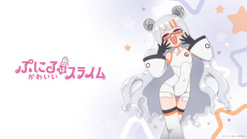 1girl absurdres anime_coloring arm_wrap artist_request asymmetrical_bangs bandaged_arm bandages bare_shoulders black_gloves black_trim blunt_ends blush bodysuit collared_bodysuit commentary_request company_name copyright_name copyright_notice covered_collarbone covered_groin covered_navel crossed_legs detached_sleeves dot_nose double_bun facing_viewer flat_chest gelee_(puniru_wa_kawaii_slime) gloves gradient_hair gradient_thighhighs grey_hair hair_bun head_tilt hexagon_print highres long_sleeves looking_at_viewer mandarin_collar monster_girl multicolored_hair narrow_waist neon_trim official_art official_wallpaper open_hand open_mouth orange-framed_eyewear orange_hair orange_trim print_bodysuit print_sleeves puniru_wa_kawaii_slime purple_eyes raised_inner_eyebrows ringed_eyes robot_girl second-party_source semi-rimless_eyewear simple_background skinny sleeveless sleeveless_bodysuit slime_(substance) slime_girl slime_hair smile solo standing star_(symbol) star_symbol_background streaked_hair tachi-e tape thighhighs tube_socks under-rim_eyewear wavy_hair white_background white_bodysuit white_sleeves white_thighhighs white_unitard wide_sleeves