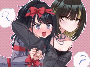 Rule 34 | 2girls, ?, @ @, absurdres, arm around shoulder, black hair, blonde streaks, blush, bound, bound wrists, bow, chain, chain necklace, commentary request, flustered, grey jacket, highres, idolmaster, idolmaster shiny colors, ikaruga luca, jacket, jewelry, kazano hiori, looking ahead, multiple girls, necklace, nervous smile, nervous sweating, nose blush, red bow, red ribbon, ribbon, s aomidoro, smile, spoken question mark, sweat, upper body