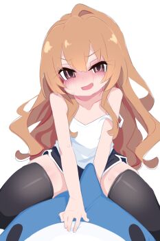 1girl aisaka_taiga bare_shoulders black_shorts black_thighhighs blush brown_eyes brown_hair collarbone doll dolphin_shorts dot_nose empty_eyes eyelashes female_focus flat_chest kukuchi581 loli long_hair looking_at_viewer matching_hair/eyes open_mouth shorts simple_background sitting skindentation smile smug solo straight-on strap_slip tank_top thighhighs toradora! two-tone_shorts wavy_hair white_background white_shorts white_tank_top