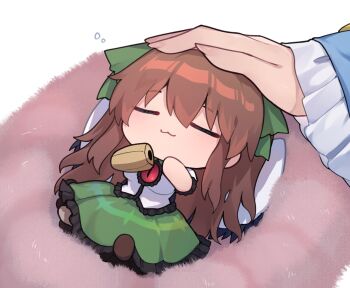 2girls :3 =_= arm_cannon black_wings brown_hair cape chibi closed_mouth commentary control_rod_(touhou) frilled_shirt frilled_skirt frills green_skirt headpat komeiji_satori long_hair long_sleeves lying multiple_girls out_of_frame puffy_short_sleeves puffy_sleeves reiuji_utsuho shirt short_sleeves skirt squeans touhou unime_seaflower very_long_hair weapon white_cape white_shirt wings