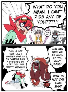 ! 2boys 2girls angel angel_girl angewomon bare_shoulders demon_girl digimon digimon_(creature) digimon_story:_time_stranger emphasis_lines english_text fallen_angel from_side frustrated full_body gameplay_mechanics hetero horns ladydevimon long_hair looking_at_another makeup multiple_boys multiple_girls pervert red_hair short_hair simple_background smile very_long_hair wanderjegson wendimon white_background wings yuuki_dan