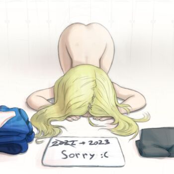 1girl 2025 all_fours apologizing arched_back ass bent_over blonde_hair bowing completely_nude dogeza doggystyle flat_chest long_hair no_panties non-web_source nude original pet punishment sex_from_behind slave solo source_request thighhighs thighs top-down_bottom-up unworn_clothes white_background