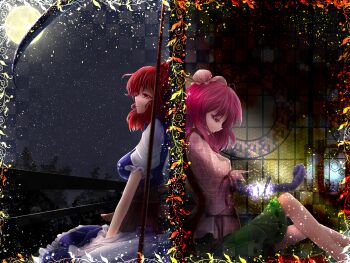 2girls apron bandages border breasts double_bun dress full_moon glowing hair_bobbles hair_bun hair_ornament highres ibaraki_kasen knee_up light_particles looking_down medium_breasts moon multiple_girls namatyaba night obi onozuka_komachi outdoors parted_lips petals pink_eyes pink_hair plaid_clothes plaid_shirt profile red_eyes red_hair sash scythe seigaiha shirt short_hair sitting skirt sky split_screen star_(sky) starry_sky touhou twintails two_side_up unwrapping waist_apron