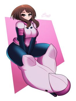 1girl artist_name black_bodysuit blush_stickers bodysuit boku_no_hero_academia boots breasts brown_eyes brown_hair female_focus large_breasts matching_hair/eyes multicolored_bodysuit pink_bodysuit pizar03 short_hair sidelocks skin_tight solo superhero_costume thick_thighs thighs uraraka_ochako uraraka_ochako_(hero_outfit) white_bodysuit