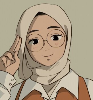 Rule 34 | 1girl, artist name, black-framed eyewear, black eyes, closed mouth, collared shirt, commentary, english commentary, film grain, fingernails, glasses, grey background, grey hijab, hand up, highres, hijab, light blush, long sleeves, looking at viewer, mole, mole under each eye, mole under eye, multiple moles, no pupils, orange vest, portrait, real life, real life insert, round eyewear, sasu (sasucchi95), sasucchi95, shirt, simple background, smile, solo, studio ghibli (style), vest, white shirt