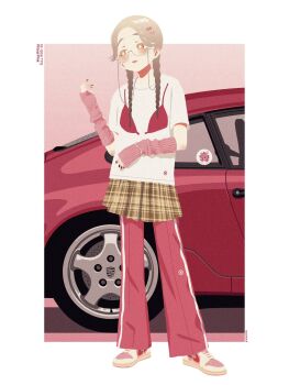 1girl alternate_hairstyle blonde_hair border braid car commentary detached_sleeves english_text gakuen_idolmaster glasses highres idolmaster kisshou_(georgie_san) looking_to_the_side medium_hair motor_vehicle open_mouth pants red_car red_eyes red_pants shinosawa_hiro shirt shoes skirt sneakers solo standing t-shirt twin_braids untranslatable_commentary white_border white_shirt