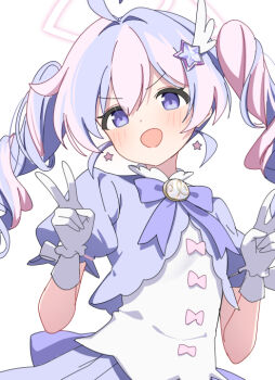 1girl ahoge blue_archive blue_hair blush bow bowtie double_v earrings foulo_paints gloves hair_between_eyes hair_ornament halo jewelry long_hair looking_at_viewer multicolored_hair official_alternate_costume open_mouth pink_hair pink_halo puffy_short_sleeves puffy_sleeves purple_bow purple_bowtie purple_eyes purple_hair purple_skirt reisa_(blue_archive) reisa_(magical)_(blue_archive) short_sleeves simple_background skirt smile solo star_(symbol) star_earrings star_hair_ornament streaked_hair twintails two-tone_hair upper_body v white_background white_gloves