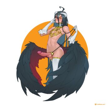 1boy ahoge albedo_(overlord) androgynous artist_name black_feathers black_hair black_wings chain cock_ring commentary demon_boy demon_horns detached_collar erection feathered_wings feathers full_body genderswap genderswap_(ftm) gloves gold_trim hair_between_eyes highres holding holding_chain horns large_penis light_blush long_hair low_horns low_wings male_focus navel one_eye_closed overlord_(maruyama) penis sex_toy simple_background slit_pupils smile solo spider_web_necklace symbol-only_commentary tailbox trap very_long_hair white_background white_gloves white_horns white_theme wide_hips wings yellow_eyes