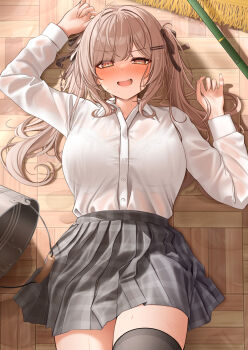 1girl arm_up black_ribbon black_skirt black_thighhighs blush bra_visible_through_clothes breasts brown_eyes brown_hair bucket collared_shirt commentary_request hair_ornament hair_ribbon hairclip highres imouto-chan_(monaka_curl) large_breasts long_hair long_sleeves looking_at_viewer lying monaka_curl mop on_back open_mouth original paid_reward_available plaid_clothes plaid_skirt ribbon shirt shirt_tucked_in skirt smile solo thighhighs twintails white_shirt wooden_floor